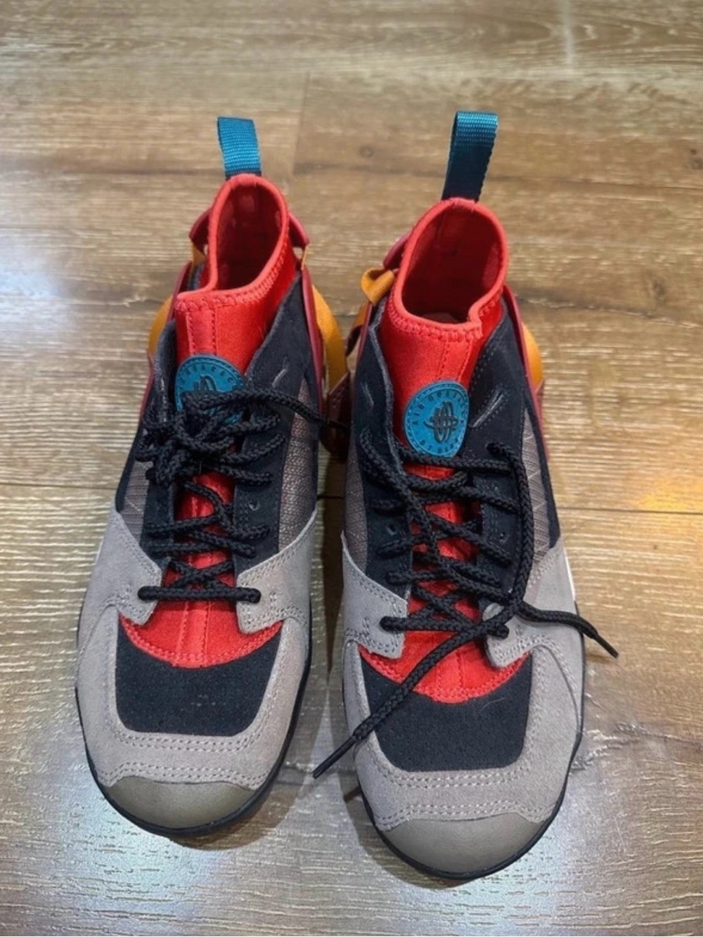 Nike Kids Red Black Gray Sneakers with Blue and Orange Accents